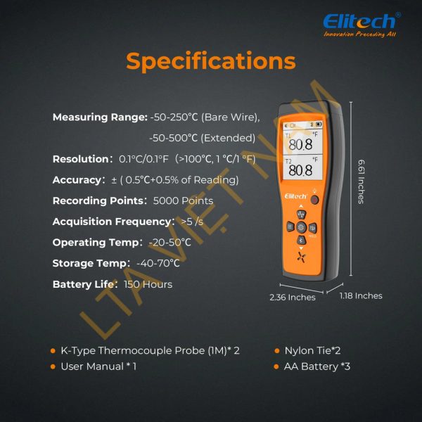 elitech dual digital thermocouple temperature thermometer with 2 k type thermocouple probe wide range 589320f 2 k type thermocouples measurement 58 to 4820f ict