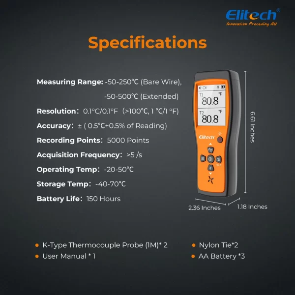 elitech dual digital thermocouple temperature thermometer with 2 k type thermocouple probe wide range 589320f 2 k type thermocouples measurement 58 to 4820f ict