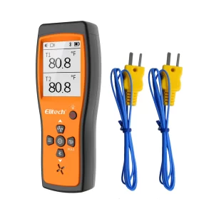 elitech dual digital thermocouple temperature thermometer with 2 k type thermocouple probe wide range 589320f 2 k type thermocouples measurement 58 to 4820f ict 518437 1024x1024