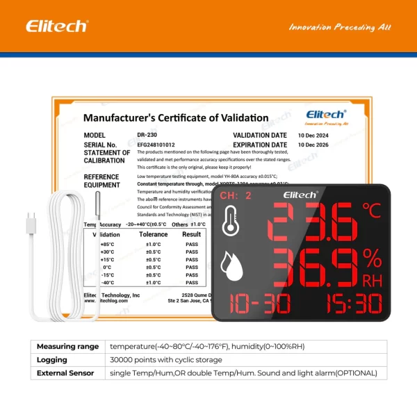 elitech high accuracy digital hygrometer thermometer bluetooth data logger 30000 points humidity temperature monitor with calibration certificate for audit for